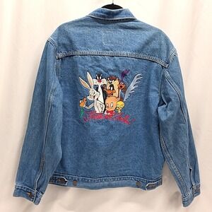Three Rivers Looney Tunes Denim Jacket Mens L Blue Embroidered Cartoon Vintage